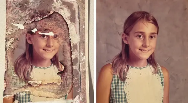 A damaged photo of a girl is shown next to an AI-generated restoration. The AI created a clear image from the bad AI images.