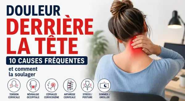 Une femme se tient la nuque, zone rouge indiquant une douleur derrière la tête. L'image liste 10 causes fréquentes de ce mal.