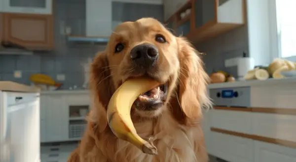Złoty retriever z bananem w pysku. Czy pies może jeść banana? Ten słodziak zdaje się odpowiadać twierdząco, choć ostrożnie.
