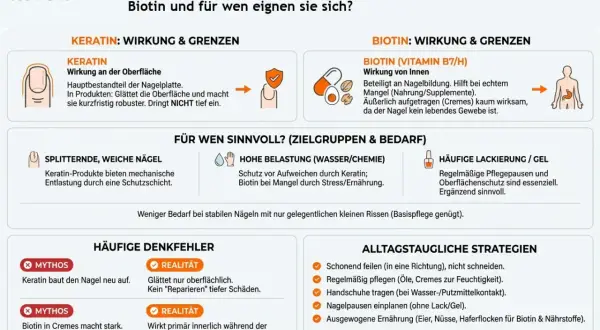 Keratin glättet Nägel oberflächlich. Für splitternde Nägel bietet die Keratin-Wirkung Schutz. Biotin wirkt innerlich.
