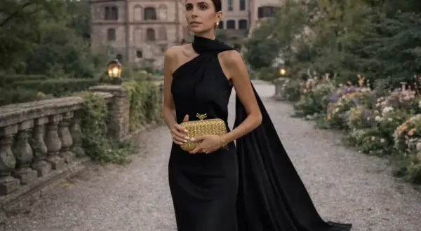 Elegant kvinna i svart klänning med släp och guldfärgad clutch. Perfekt för en **dresscode smoking dam** vid ett slott.