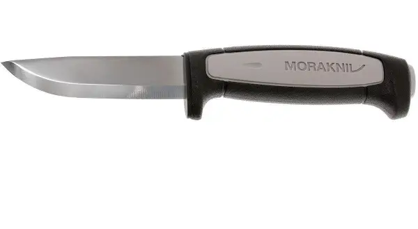 Cuchillo Morakniv robusto con hoja de acero y mango ergonómico gris y negro.