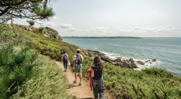 Trois randonneurs explorent un sentier côtier verdoyant, le **gr 34**, face à la mer d'un bleu profond.