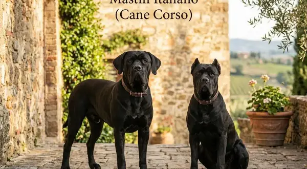 Dos perros **cane corso adulto** posan con porte majestuoso frente a una construcción de piedra y un paisaje toscano.
