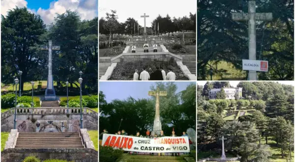 Varias imágenes de la Cruz de Ferro en Castro de Vigo, un monumento conmemorativo y un símbolo histórico.