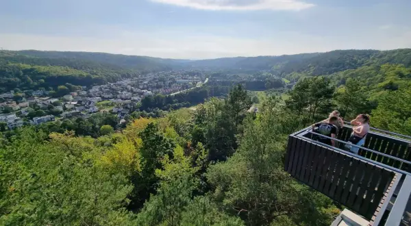 Widok z punktu widokowego w Rumi na zieloną dolinę i miasto.