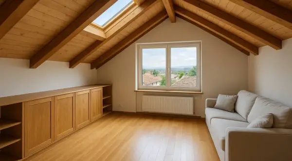 Accogliente sottotetto abitabile con travi a vista in legno, divano, armadi su misura e vista panoramica.
