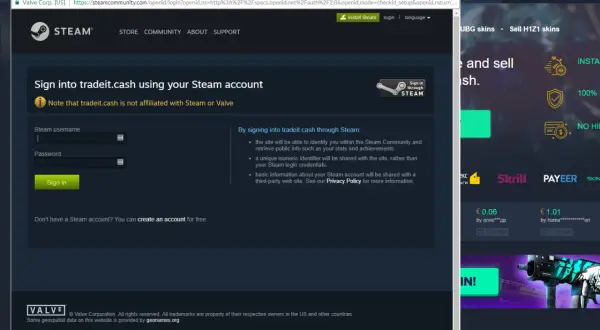 Ekran logowania do tradeit.cash przez konto Steam, z polami na nazwę użytkownika i hasło.