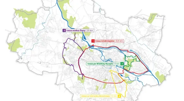 Mapa Wrocławia z zaznaczonymi trasami rowerowymi: śródmiejską (czerwona), po Wielkiej Wyspie (zielona), wzdłuż Ślęzy (fioletowa) i w kierunku Brochowa (żółta).