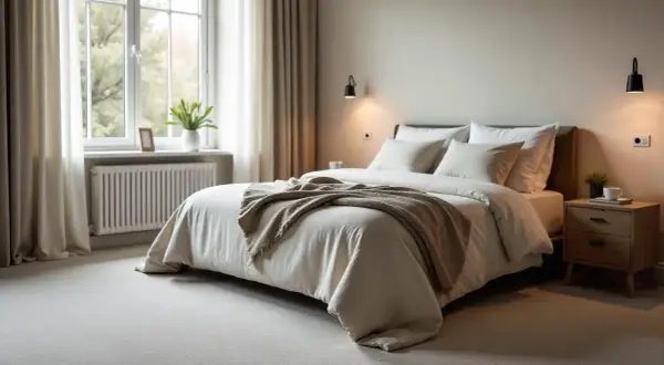 Mysigt sovrum med ljus heltäckningsmatta som ger golv sovrum inspiration. En stor säng med vita sängkläder och en beige pläd.