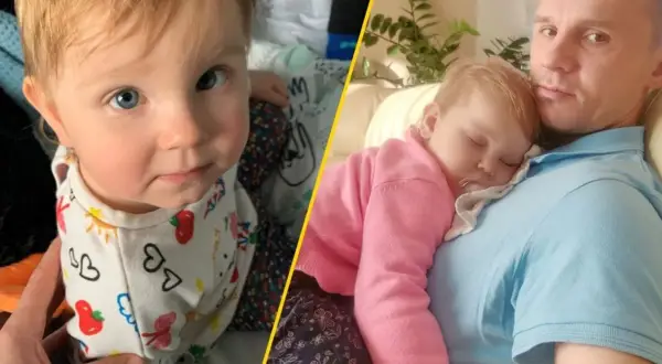 Dziecko z niebieskimi oczami i śpiące na ramieniu taty. To uroczy zespół.