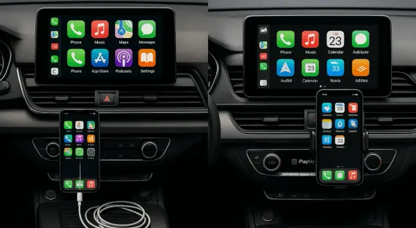 Jak połączyć telefon z samochodem? Widok deski rozdzielczej z ekranem Apple CarPlay i podłączonym iPhonem.