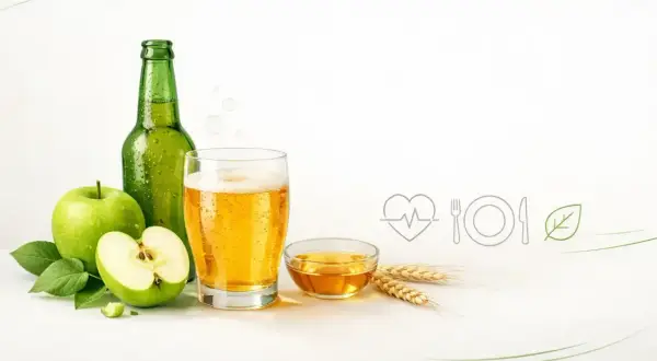 Zielone jabłka, butelka i szklanka orzeźwiającego cydru. Zastanawiasz się, cydr ile procent ma alkoholu?