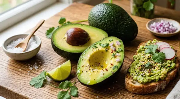 Reife Avocados auf einem Holzbrett, bereit zum Genuss. Eine Hälfte ist mit Zwiebeln und Gewürzen bestreut, daneben ein Toast mit Avocado.