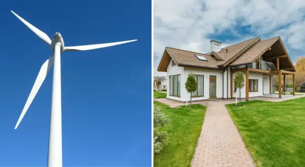 Przydomowe elektrownie wiatrowe zapewniają czystą energię dla nowoczesnego domu z pięknym ogrodem.