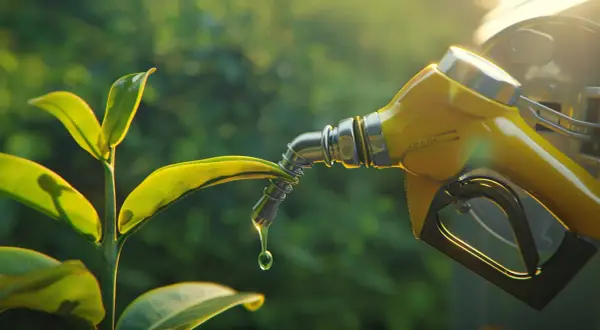 Goccia di diesel HVO che cade da un beccuccio su una foglia verde, simboleggiando un futuro più ecologico.