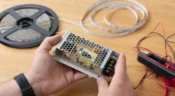 Ręce trzymają zasilacz do taśmy LED. W tle szpulka z taśmą i miernik. Nowoczesna technologia LED gotowa do montażu.