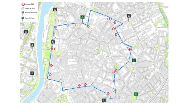 Mapa de la zona bajas emisiones Valladolid, con entradas, salidas y paneles informativos.