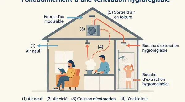 Schéma d'une ventilation hygroréglable gérant la climatisation et l'humidité. L'air neuf entre, l'air vicié est extrait, notamment de la salle de bain.