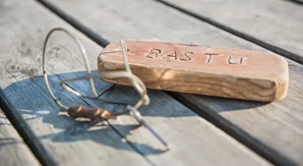 En träbit med texten "BASTU" och en metallskopa ligger på en träbrygga. Kanske en påminnelse om en härlig stund på Östholmen bastu.