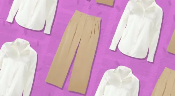 Weiße Blusen und beige Hosen – die Basis für eine vielseitige capsule wardrobe liste. Minimalistisch und schick.
