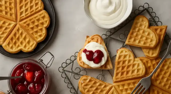 Hjärtformade belgiska våfflor med vispgrädde och sylt. En burk med körsbärssylt och en skål med grädde syns också.