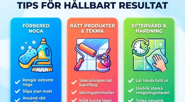Tips för att måla kakel: förbered noga, använd rätt produkter och teknik, samt sköt eftervård och härdning för ett hållbart resultat.