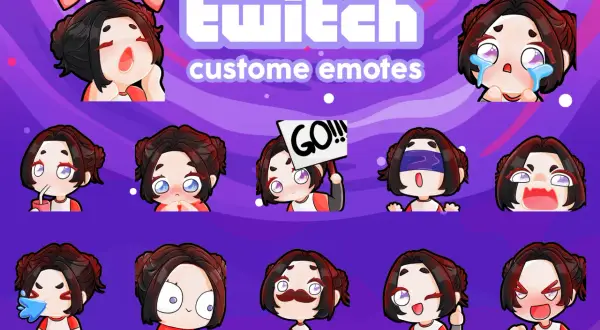 Zehn verschiedene, niedliche Anime-Emotes für Twitch, die verschiedene Emotionen zeigen. Manche **Twitch Emotes werden nicht angezeigt**, aber diese hier sind klar erkennbar.