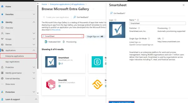 Panel boczny Microsoft Entra z opcją "Enterprise applications" jest aktywny. Wyszukiwarka pokazuje wyniki dla "Smartsheet", sugerując konfigurację oidc.