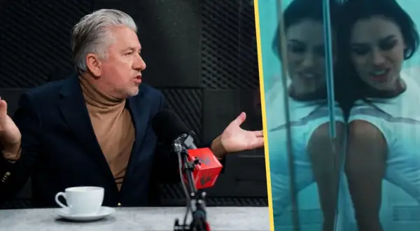 Mężczyzna w garniturze i golfie rozmawia przy mikrofonie, obok fragment teledysku z Nataszą Urbańską.