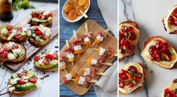 Des toasts avocat-tomate, des brochettes jambon-fromage-abricot et des bruschettas grenade-brie, parfaits pour un apéro dinatoire été.