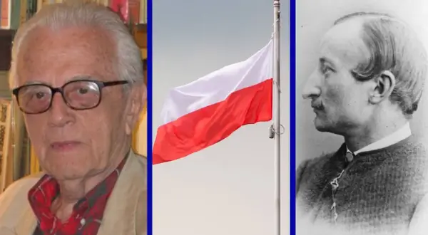 Trzy portrety: starszy pan w okularach, polska flaga na maszcie i mężczyzna z wąsikiem. Może to być kolaż na imieniny Jacka.