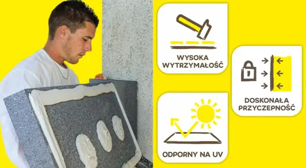 Budowlaniec nakłada pianę, która jest idealnym klejem do styropianu. Wysoka wytrzymałość i przyczepność. Odporny na UV.