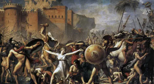 Scena z mitologii rzymskiej: kobiety próbują powstrzymać Rzymian przed porwaniem ich dzieci. Dramatyczna bitwa o przyszłość.