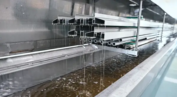 Profili in alluminio immersi in un bagno per la sverniciatura chimica, gocciolando liquido marrone.