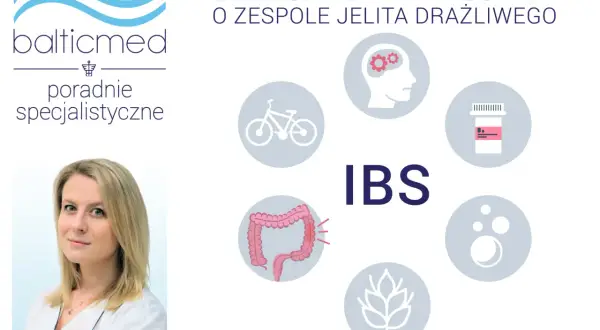Grafika o spastycznym nieżycie jelita grubego (IBS) z lek. Sandrą Majcher, ikonami roweru, mózgu, leków, jelita i zboża.