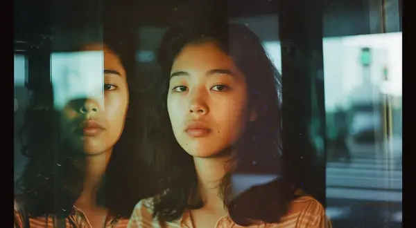 A young woman's face is reflected in glass, with a subtle comparison between Portra 160 and 400 film tones.