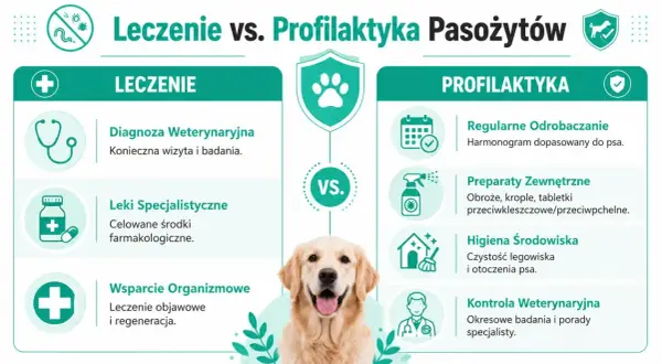 Grafika porównuje leczenie i profilaktykę nicieni u psa. Zawiera informacje o diagnozie, lekach, wsparciu organizmu, odrobaczaniu, preparatach zewnętrznych, higienie i kontroli weterynaryjnej.