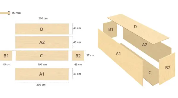 Piezas de madera para hacer pared de madera. Incluye medidas y un diagrama de ensamblaje.
