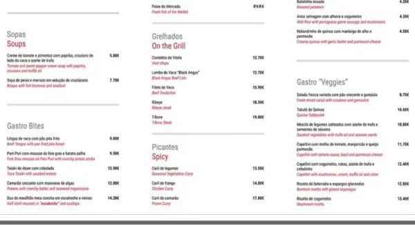Menu z daniami z grilla, w tym steki T-bone i wołowe. Ceny madera są zróżnicowane, od 12,70€ za polędwicę wołową.