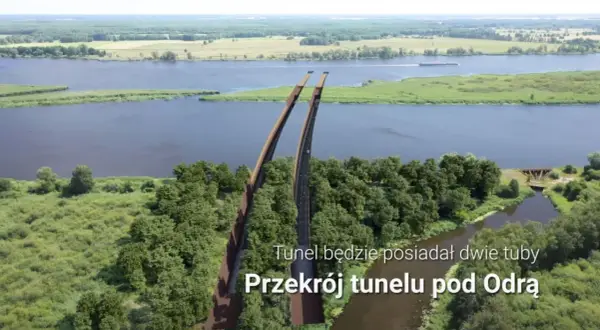 Wizualizacja tunelu pod Odrą, części zachodniej obwodnicy Szczecina. Dwie tuby tunelu przebiegają pod rzeką, otoczone zielenią.