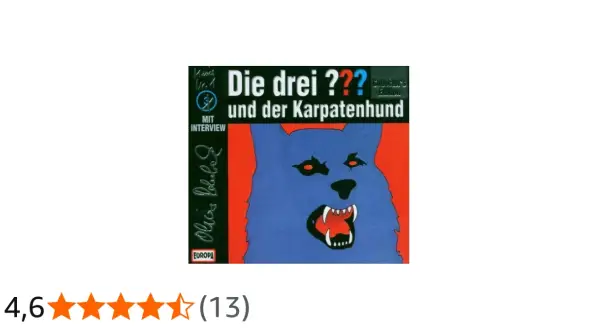 Cover von "Die drei ??? und der Karpatenhund" mit einem bedrohlichen blauen Wolf und dem Titel.