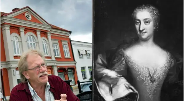 Man framför röd byggnad, bredvid porträtt av Ulrika Eleonora.