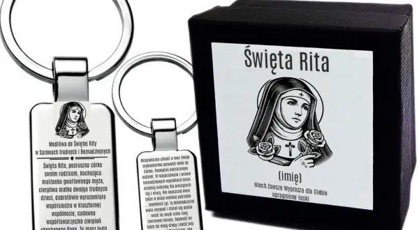 Brelok i pudełko z wizerunkiem św. Rity, patronki spraw beznadziejnych. Modlitwa do św. Rity w sprawach trudnych i beznadziejnych.