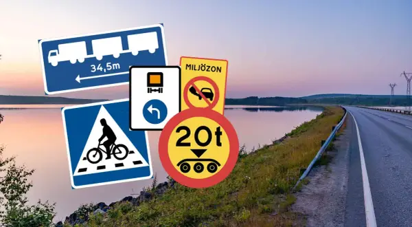 Trafikskyltar för inspektion bil: lastbilslängd, cykelöverfart, miljözon, viktbegränsning och körfältsinformation.