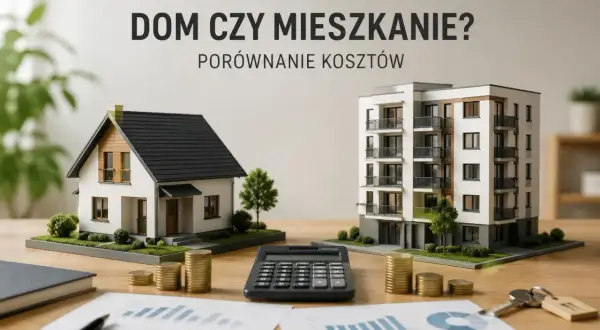 Porównanie kosztów: dom czy mieszkanie? Modele budynków, kalkulator, monety i wykresy sugerują analizę finansową.