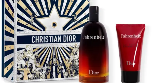 Zestaw prezentowy Dior Fahrenheit 100ml z butelką perfum i żelem pod prysznic.