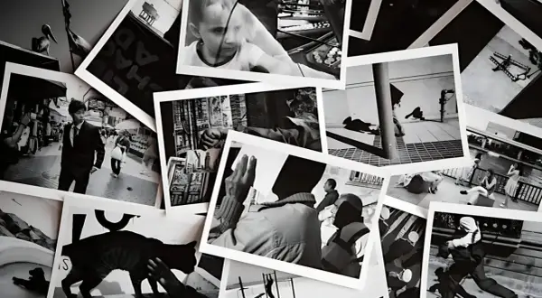 A collage of black and white photos, showing street scenes, people, and animals. This is the best way to organize photos, creating a visual story.