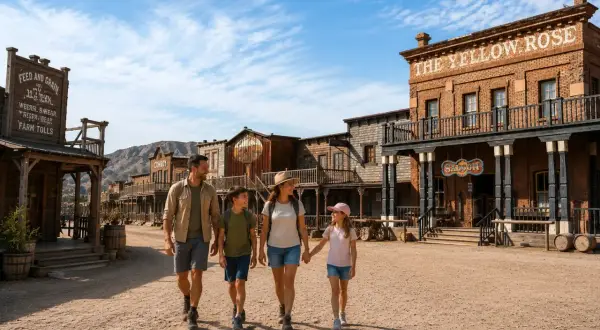 Familia pasea por el parque oasis Almería, un pueblo del oeste con edificios de madera y un saloon.
