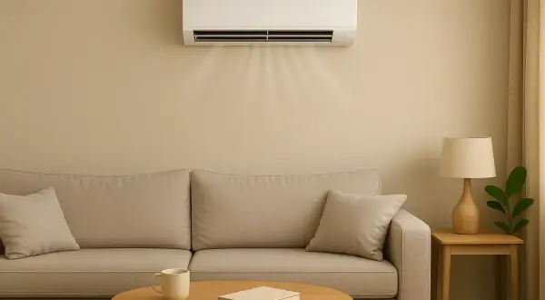 Un condizionatore a parete, uno dei tanti tipi di condizionatori, soffia aria fresca su un divano beige in un soggiorno accogliente.